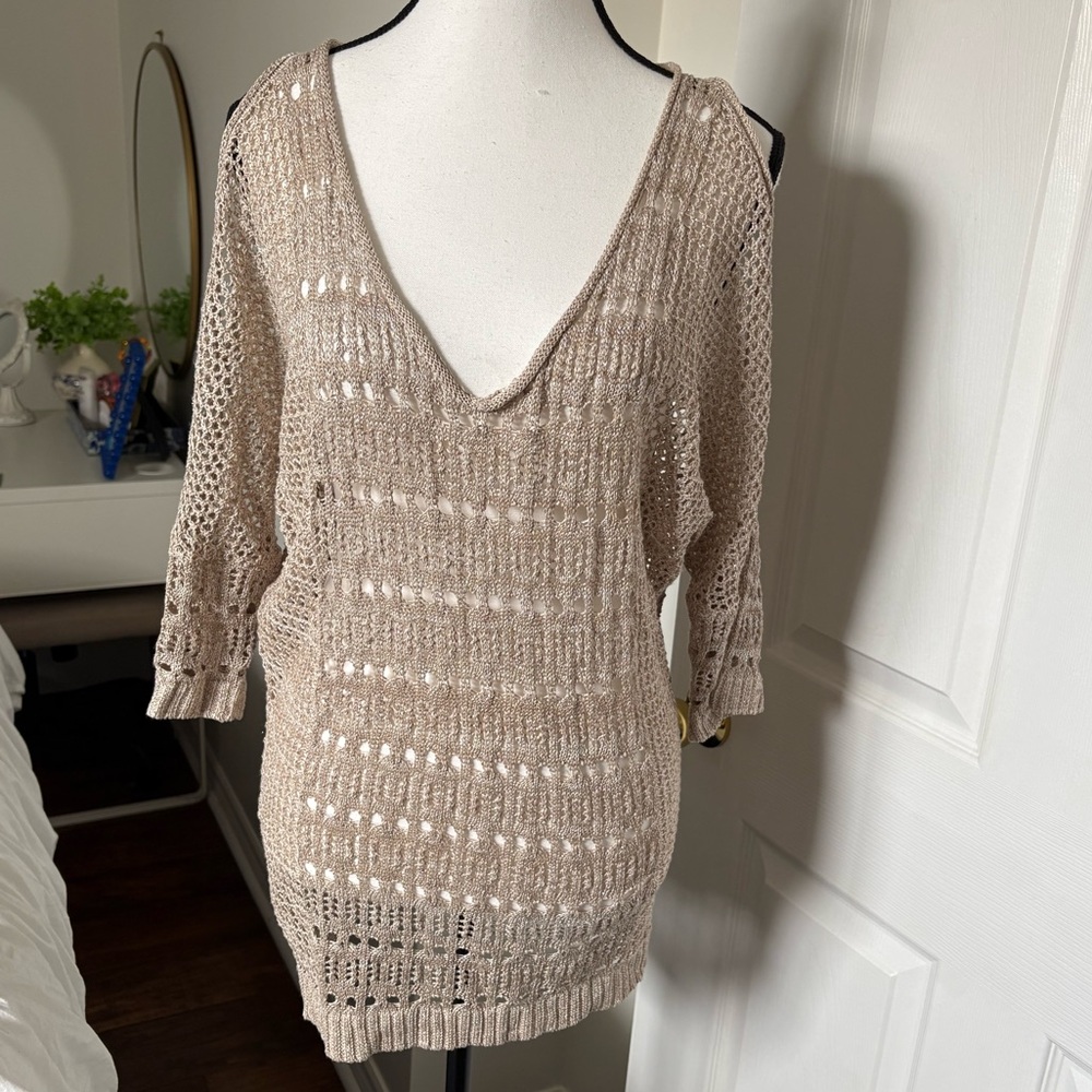 Guess Crochet Open Knit V Neck Sweater Tunic Beige Size M
